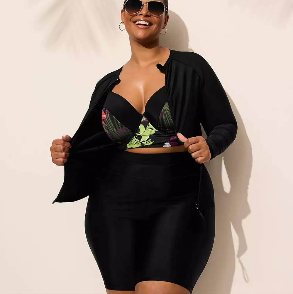 Lane Bryant Cacique Black Full Zip Rashguard Long Sleeve Swim Top Size 24 NWT